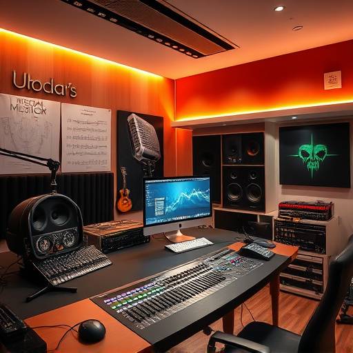 Ein modernes Musikstudio mit Mischpult, Computer und Mikrofonen.
