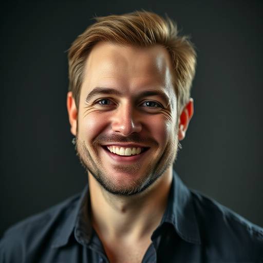 Elias Hartmann, Musikproduzent, lächelt freundlich in die Kamera.