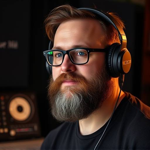 Porträt von David Meier, einem Musikproduzenten mit Bart und Kopfhörern.